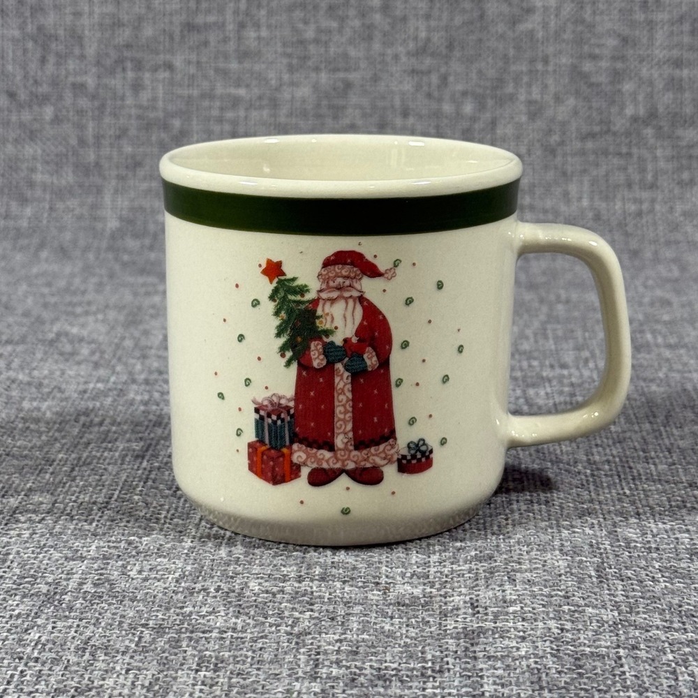 VTG Stoneware Christmas Santa Coffee Mug Cream Green Rim Holiday Tea Cup Festive